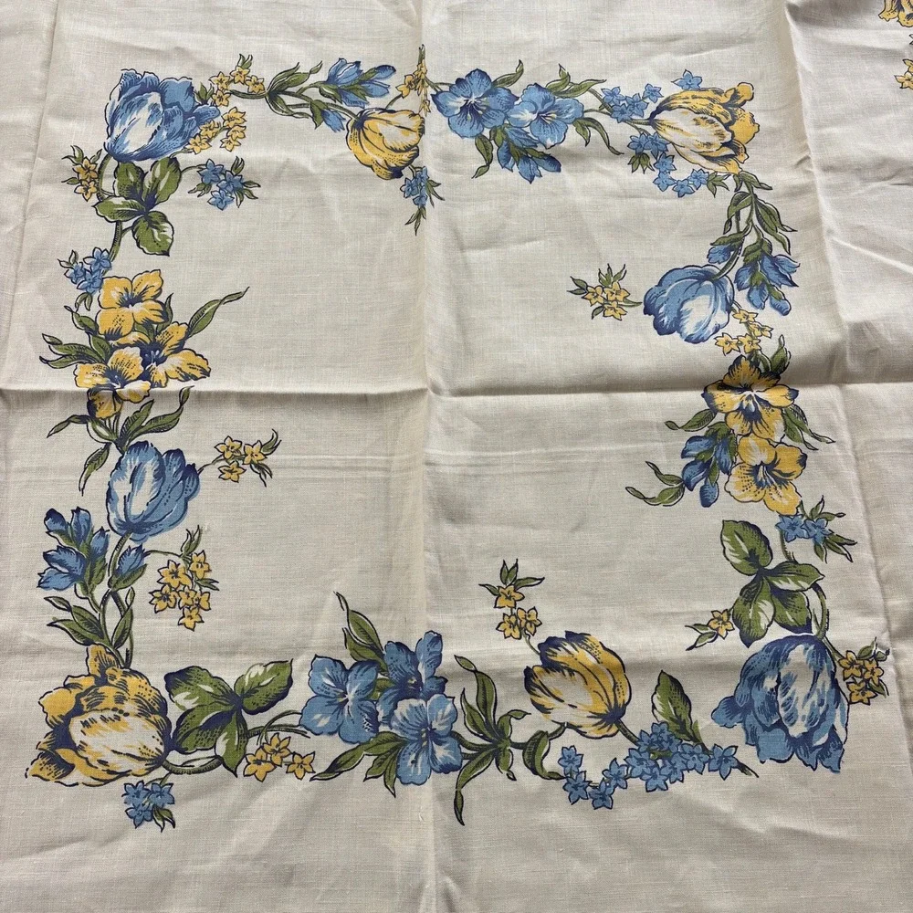 NOS Vintage Waverly Linen Tablecloth Hand Printed Blue Yellow Floral 52x52 USA